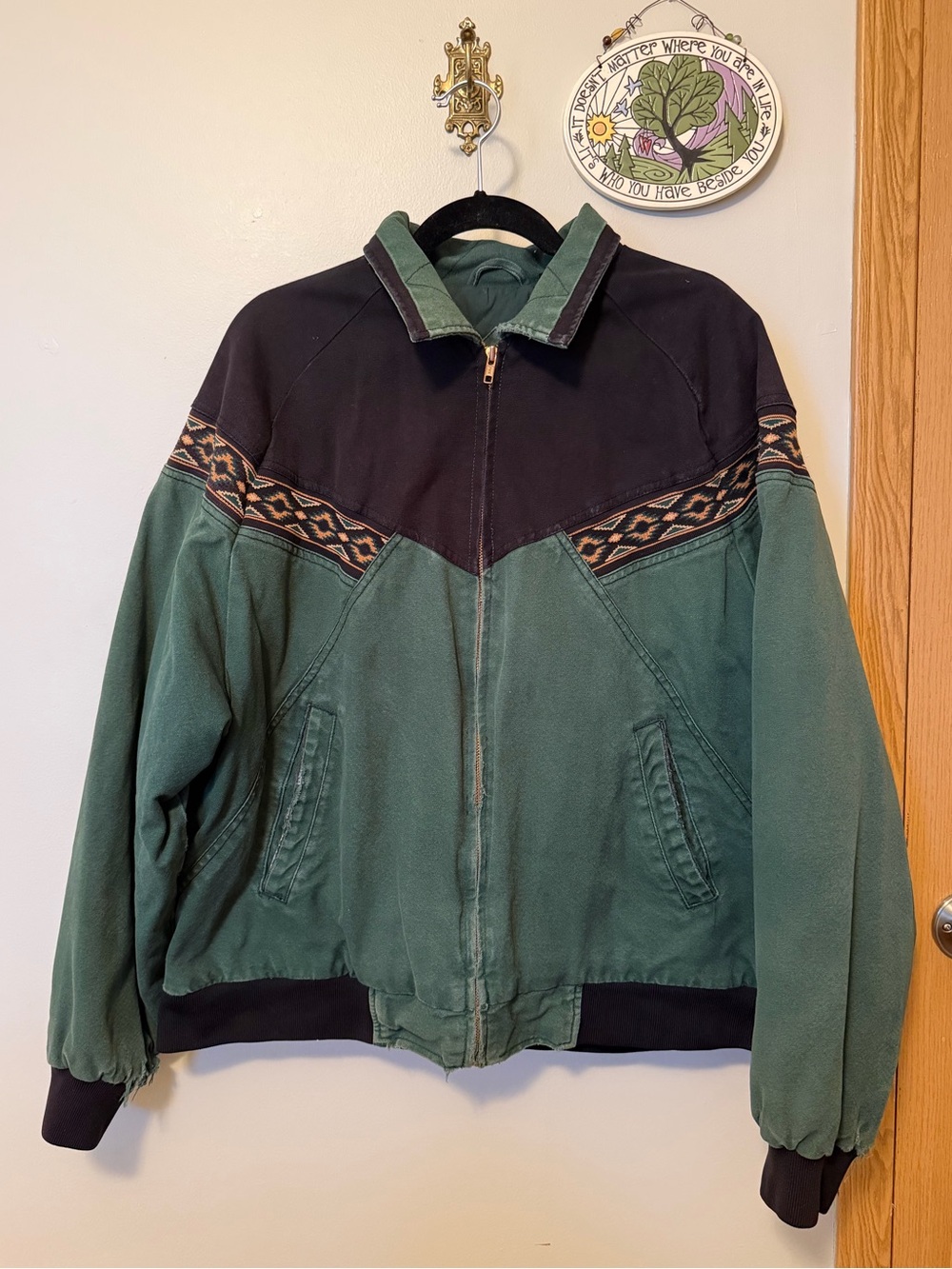 Men's Canyon Guide Green & Black Bomber Jacket with Aztec Detail